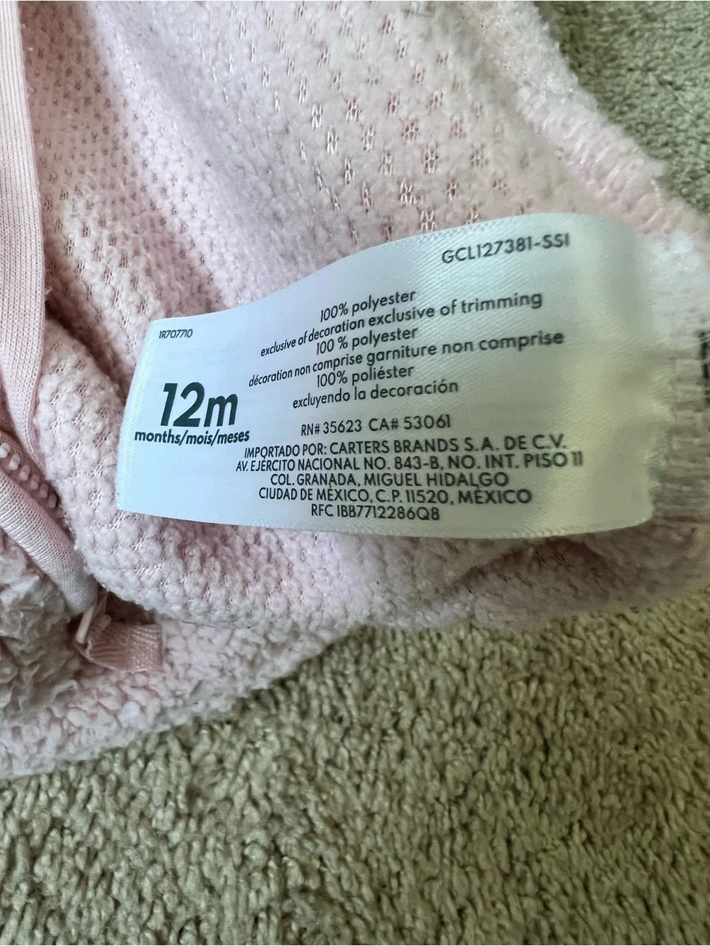 Carter's Light Pink Sherpa Zip One-Piece Bodysuit size 12 months gently used